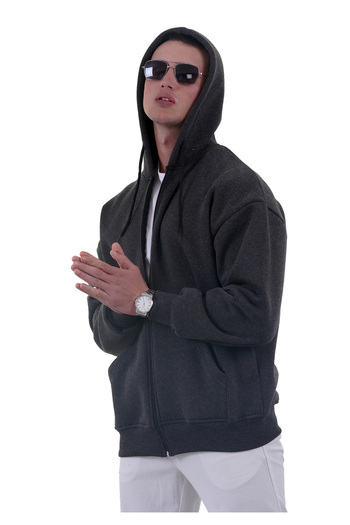 Exve Exclusive Антрацитовий колір Oversize М'який трикотажний зимовий светр - з капюшоном, флісовою підкладкою, блискавкою, 3 нитки