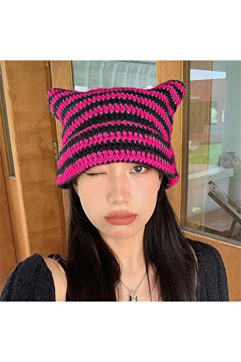 Karakedi New Pink Black Striped Horn Detailed Knitted Beret