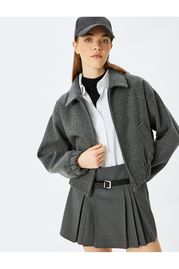 Koton Classic Collar Zippered Pocket Detailed Ribbed Crop Jacket