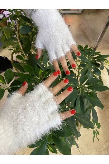 sema aksesuar White Beard Drawstring Mohair Fingers Cut Out Gloves - Fingerless Gloves - Gift - New Year New Year