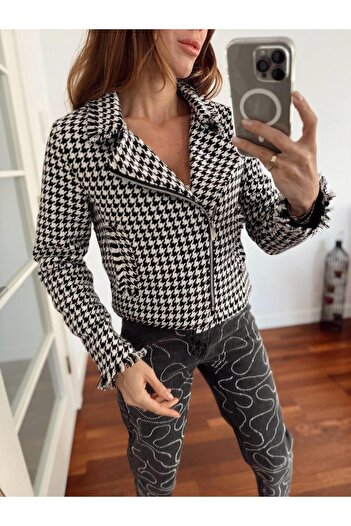 Maldia Shop Women's Zippered Tweed Fabric Houndstooth Bomber Jacket