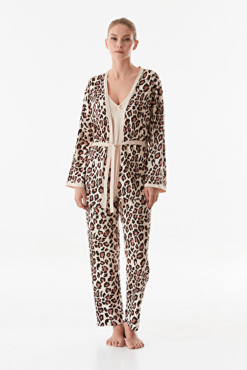 Fulla Moda Leopar Desenli Askılı 3 Lü Pijama Takımı