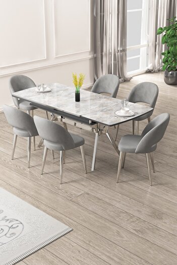 Canisa Weps Serisi 89x150 Açılabilir Lak Panel Rampla Gri Krom Ayak Masa Takımı ve 6 Gri Sandalye