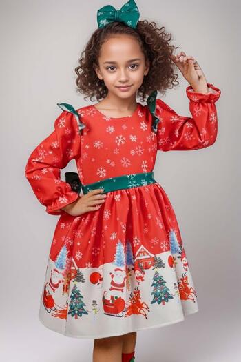Riccotarz Girls' Red Christmas Dress with Ruffled Shoulders Deer and Snowflake Print