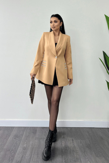 giyimmasalı Camel Double Fabric Stone Detailed Jacket