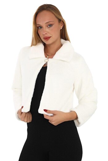 memetti m şekil Women's White Outside Fur Lined Luxury Crop Jacket