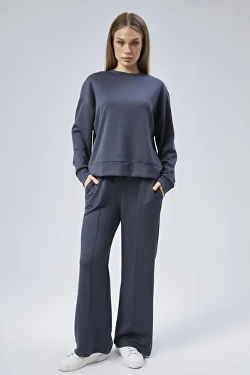 soBasic Smoke Color - Modal Fabric Wide Leg Tracksuit Set with Crew Neck and Ribbed Detail