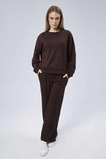 soBasic Wide Leg - Rib Detailed Crew Neck Elastic Waist Modal Σετ αθλητικής φόρμας - Καφέ
