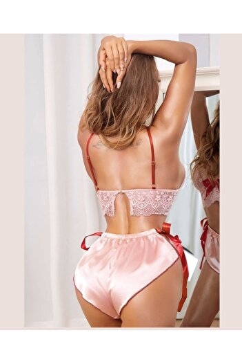 İntive Lingerie Γυναικείο Σετ Σορτς και Σορτς με Κόκκινη Κορδέλα με Δαντέλα