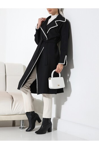 Modamorfo Shepherd's Stitching Waist Strap Coat - Black