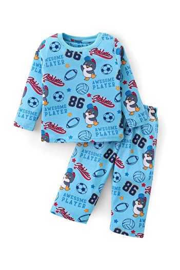 Babyhug Cotton Knit Full Sleeves Night Suit Football Print - Blue