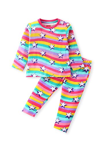 Babyhug Cotton Knit Full Sleeves Co-ord Night Suit With Stars Print - Multicolor