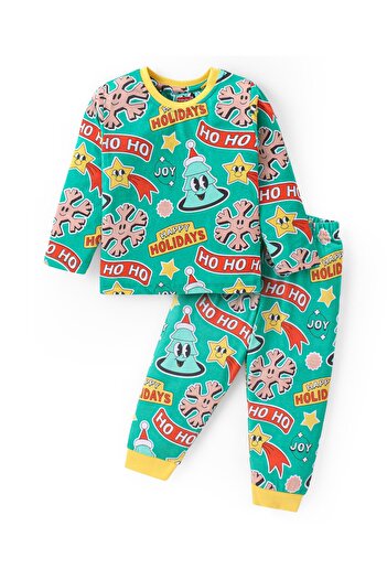 Babyhug Cotton Knit Full Sleeves Co-ord Night Suit With Christmas Theme - Green