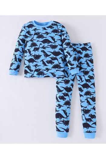 Babyhug SAPS Cotton Blend Dinosaurs All Over Printed Full Sleeves Pyjama/Co-ord Set - Blue