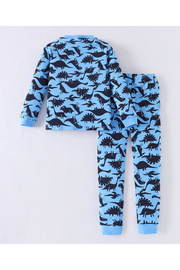 Babyhug SAPS Cotton Blend Dinosaurs All Over Printed Full Sleeves Pyjama/Co-ord Set - Blue