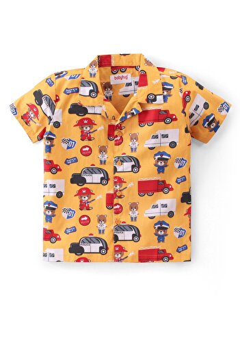 Babyhug Cotton Woven Half Sleeves Night Suit With Teddy & Vehicles Print - Yellow