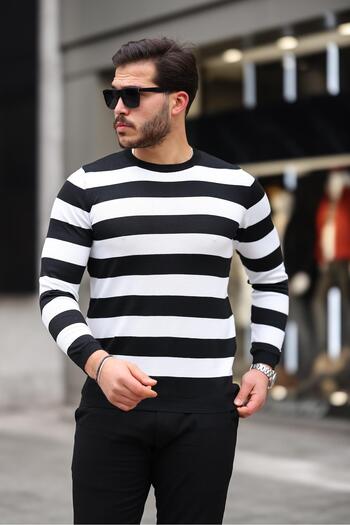 Valiberta Knitted Striped Crew Neck Thin Knitwear Men's Sweater - Black