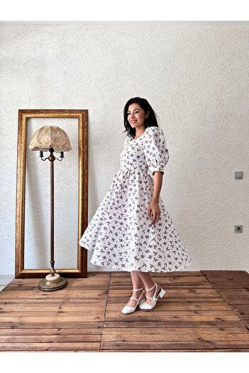 KÜÇÜĞÜM BUTİK Lavender White-Purple Square Collar Flared Seersucker Dress