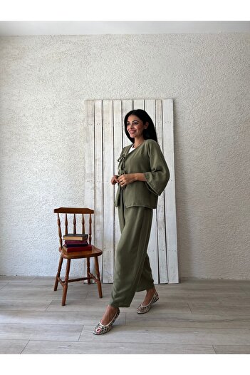 KÜÇÜĞÜM BUTİK Khaki Green Muslin Trousers-Tied Blouse Set (Pants-Bluse)