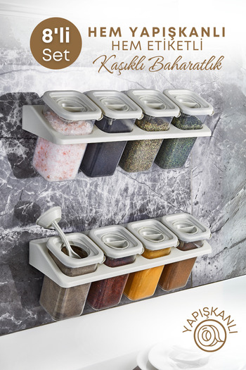 grimorlife 400 ml Beige Colored Set of 8 - Square Spice Rack Set with Label, Stand, Lock and Adhesive