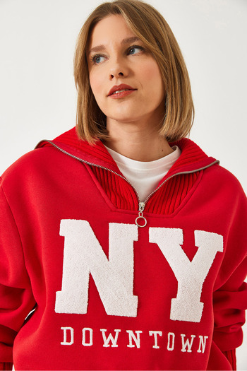 Bianco Lucci Women's Lapel Zippered Three Thread Raster Printed Sweatshirt 3482 60261107