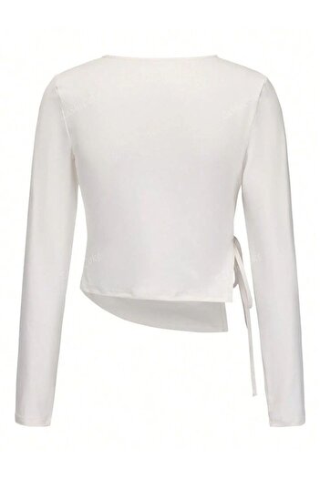 Edela Lacing Detail Asymmetrical Long Sleeve Ecru Blouse 4076