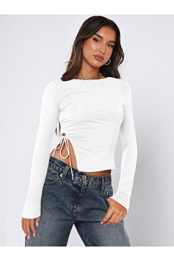 Edela Lacing Detail Asymmetrical Long Sleeve Ecru Blouse 4076