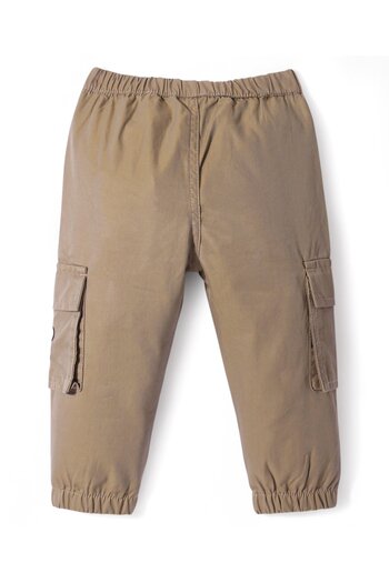 Bonfino 100% Cotton Woven Full Length Joggers With Bear Embroidery On Cargo Pockets - Beige