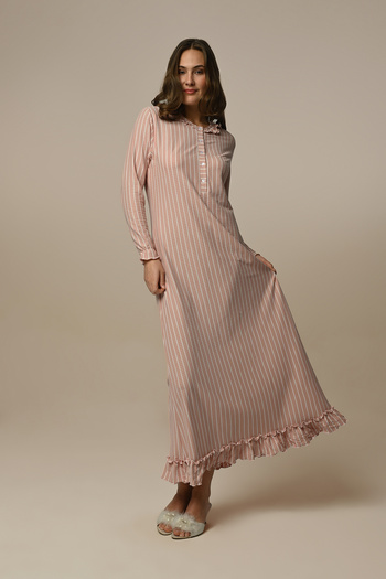 Marilyn Club Long Sleeve Striped Button Collar Cotton Women's Nightgown