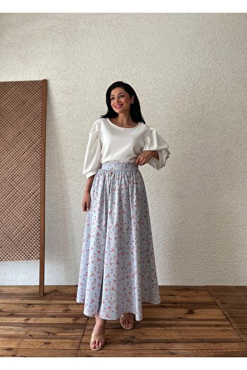 KÜÇÜĞÜM BUTİK Fusta evazată din poplin - Motiv Floral Albastru și Bordeaux