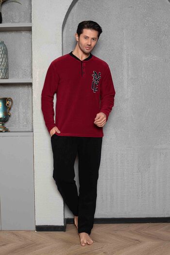 MİRELLA Men's Burgundy Bottom Black Garnished Long Sleeve Fleece Fabric Winter Warm Pajamas Set