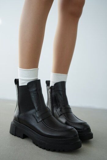 selinshoes Viola Genuine Leather Women's Boots with Elastic Belt Detail - Black Leather