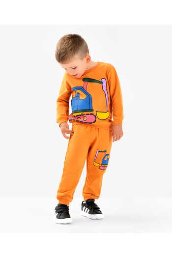 Bonfino 100% Cotton French Terry Full Sleeves T-Shirt & Jogger Set Construction Vehicles  - Orange