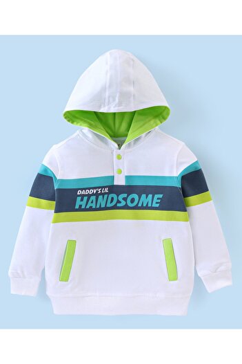 Babyhug 100% Cotton Knit Full Sleeves Hooded T-Shirt & Lounge Pant Set With Text Print-White & Green