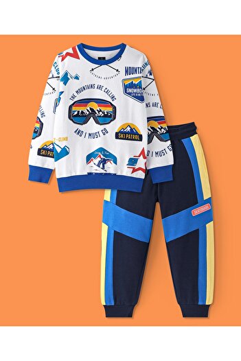 Ollington St. Ollington St. - 100% Cotton Knit Full Sleeves Sweatshirt & Joggers Set Snow  - White & Blue
