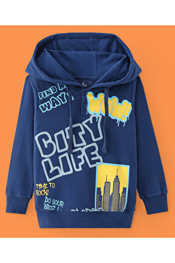Ollington St. Ollington St. 100% Cotton Knit Full Sleeves Hooded Sweatshirt & Joggers Set City Life Print - Navy