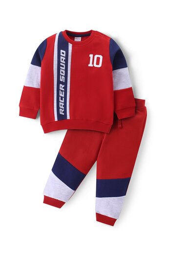 Babyhug Cotton Knit Full Sleeves T-Shirt & Lounge Pants Set With Racer Squad Print - Red