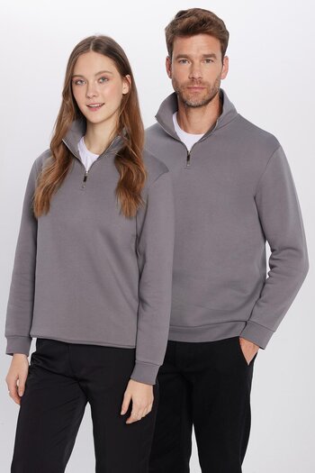 Tudors Unisex Relax Fit Rahat Kesim Pamuklu Içi Polarlı Yarım Fermuarlı Gri Dik Yaka Sweatshirt