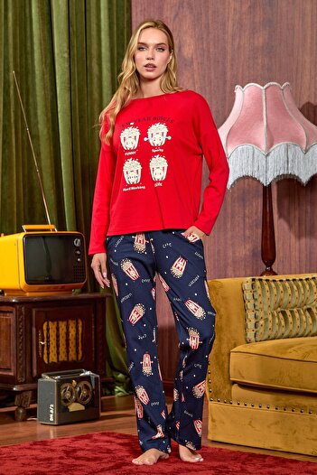 Cossy By Aqua 25037 Women Red Print Detail Long Sleeve Cotton Pajamas Set