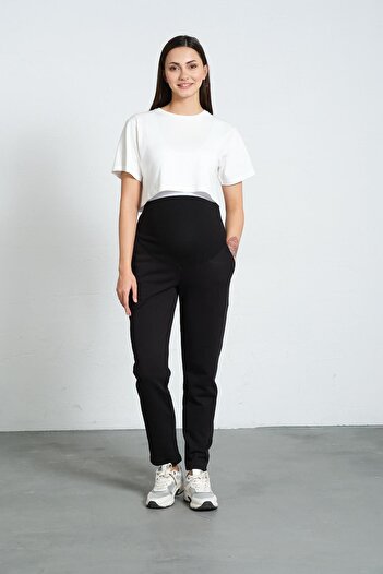 BUSA Black Maternity Sweatpants with Stretchy and Mom Fit - Adjustable Abdominal Band