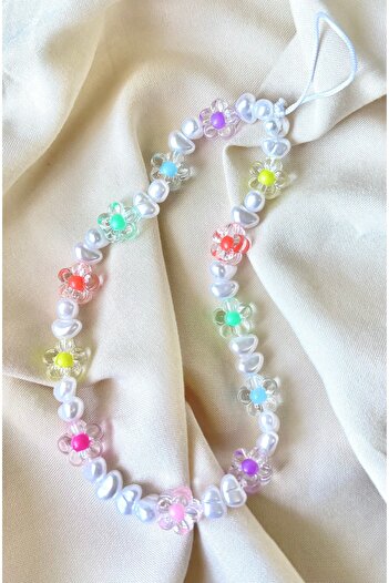 MİRAZ TASARIM Mi̇raztesarim Transparent Flower and Pearl Beaded Phone Charm Phone Hanger