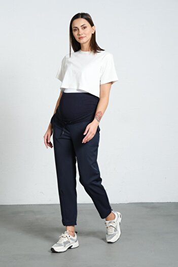 BUSA Maternity Flexible Abdominal Banded Waist Adjustable Leg Buttoned Classic Trousers Navy Blue