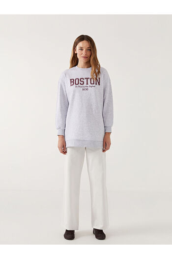 LC Waikiki Γυναικείο χοντρό φούτερ τούνικ με στάμπα Boston με λαιμόκοψη ανθρακί LCW Modest