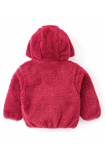 Babyhug - Hooded Front Open Fur Jacket with Bear Patch Detailing - Maroon