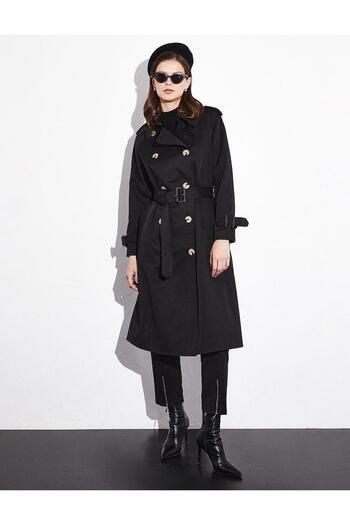 Kayra Double Breasted Buttoned Belt Detailed Cap Black