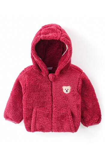 Babyhug - Hooded Front Open Fur Jacket with Bear Patch Detailing - Maroon