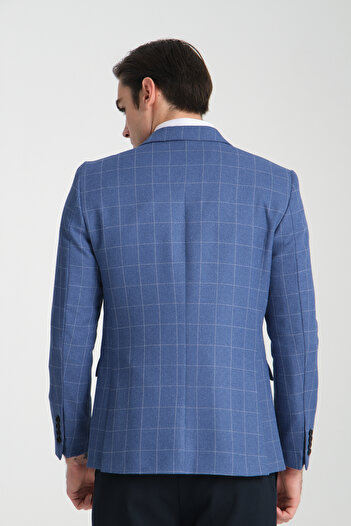 Frappoli Paride Erkek Mavi Ekose Slim Fit Mono Yaka Spor Blazer Ceket