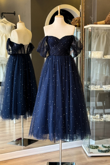 Lenta Moda Lacivert İncili  Ve Işıldayan Taşlı Midi Boy Drapeli Transparan Abiye ve Gece Elbisesi