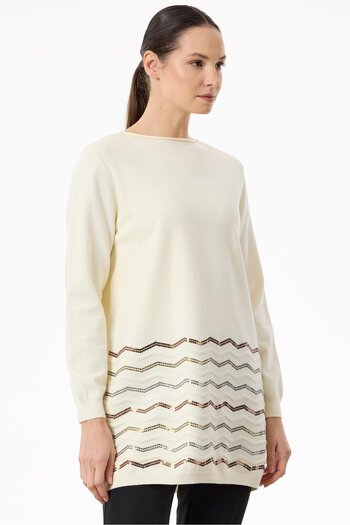 Tığ Triko Zigzag Sequined Knitwear Tunic - Skirt Ecru