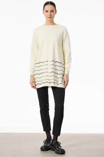 Tığ Triko Zigzag Sequined Knitwear Tunic - Skirt Ecru